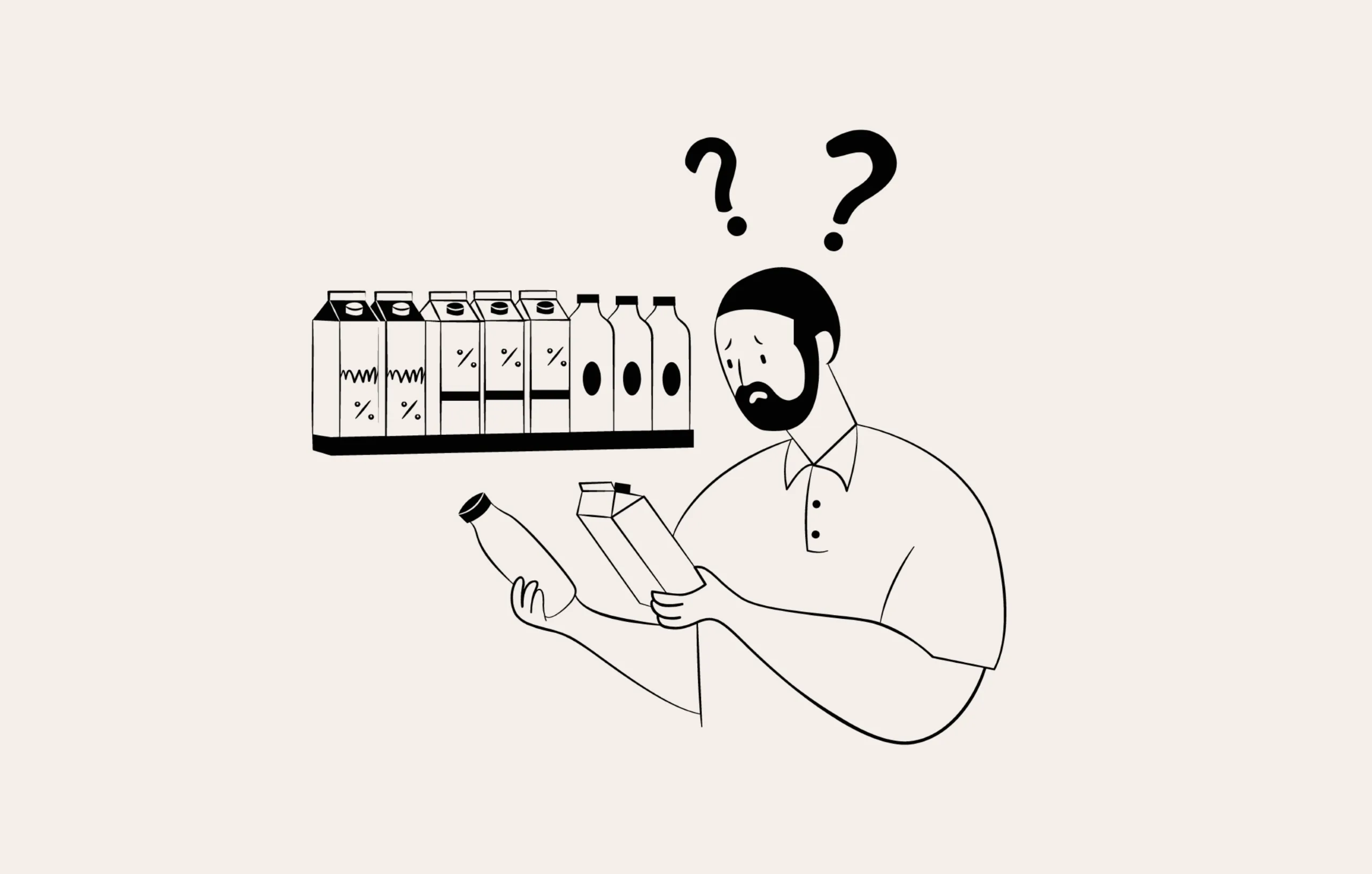 A man looks undecided as he tries to figure out which brand of milk to buy