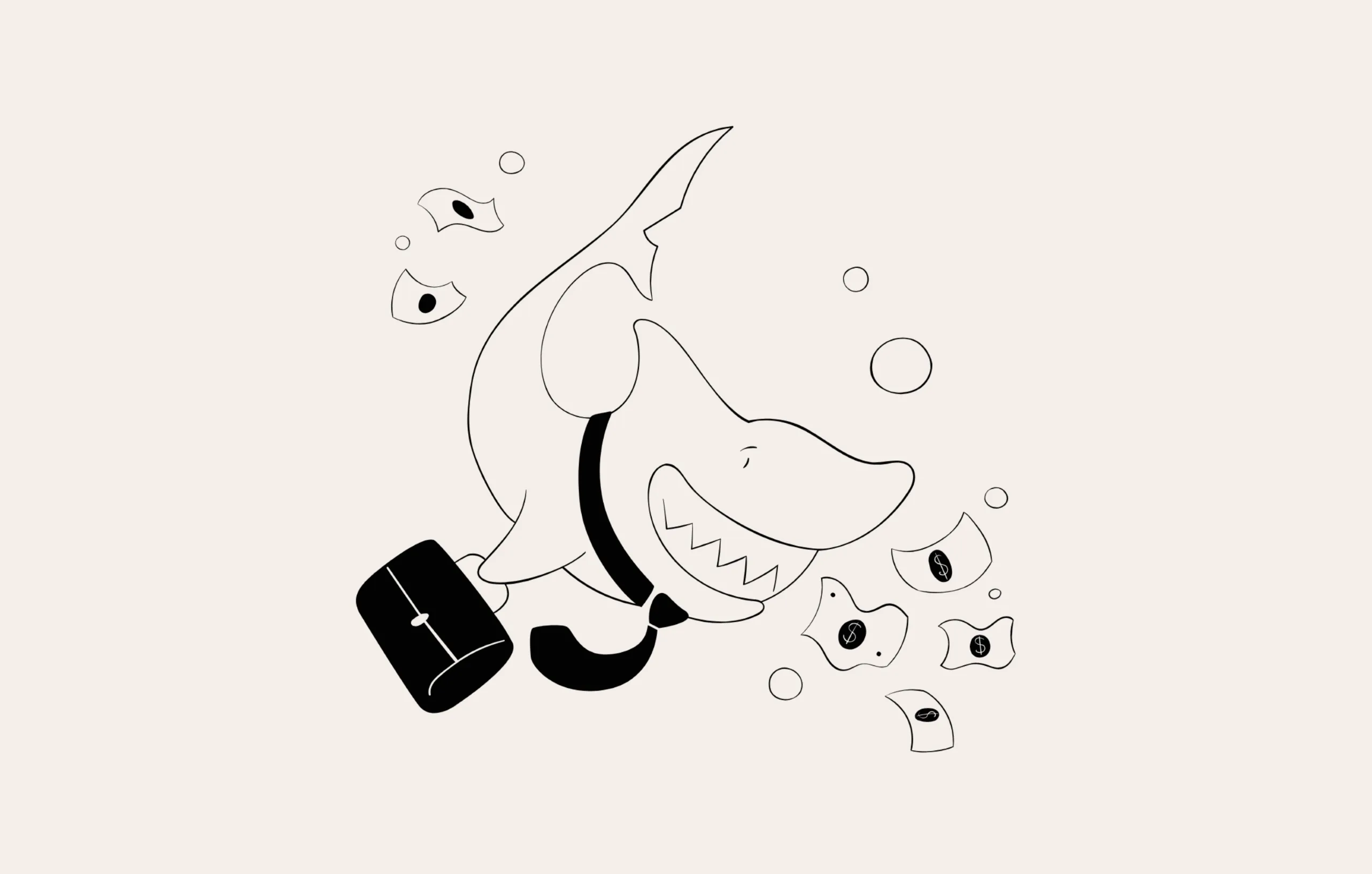 A menacing-looking shark is holding a brief case and surrounded by money floating in the water