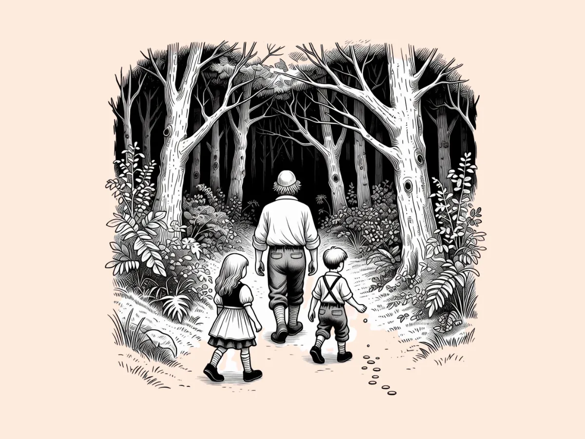 Hänsel and Gretel leaving a trail of pebbles through the forest
